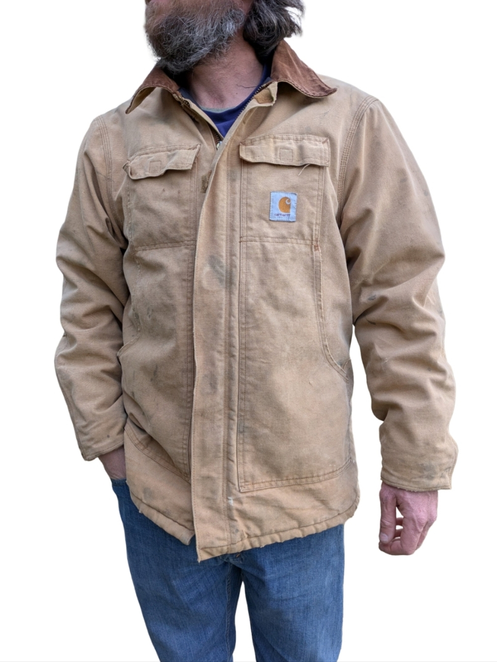 Carhartt Duck Jacket - Workwear Faded  Long Tan Jacket Corduroy Collar -L/XL